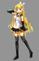 Rule 34 | 1girl, aged up, alternate hairstyle, althea (sakiya0000), black thighhighs, blonde hair, blue eyes, future style (module), hair ornament, hairclip, headset, kagamine rin, long hair, necktie, open mouth, ribbon, simple background, skirt, smile, solo, thighhighs, vocaloid