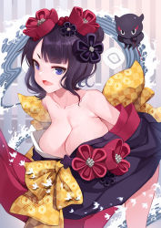 Rule 34 | 1girl, absurdres, bare shoulders, blue eyes, blush, breasts, cleavage, collarbone, fate/grand order, fate (series), hair ornament, hairpin, highres, japanese clothes, katsushika hokusai (fate), kimono, large breasts, leaning forward, long sleeves, looking at viewer, nekosama shugyouchuu, octopus, off shoulder, open mouth, purple kimono, sash, short hair, smile, thighs, tokitarou (fate), wide sleeves