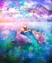 Rule 34 | 1girl, blonde hair, clona, closed eyes, cloud, cloudy sky, commentary request, dress, frilled dress, frills, gradient background, highres, horns, leaning forward, long hair, noah&#039;s ark, olive wreath, open mouth, original, puffy sleeves, reaching, ship, short sleeves, single horn, sky, unicorn, wading, water, watercraft, wreath