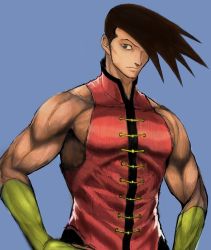 Rule 34 | 1boy, bridal gauntlets, brown hair, chinese clothes, elbow gloves, fringe trim, gloves, goat (121516haihun), hair over one eye, hands on own hips, male focus, muscular, sleeveless, solo, street fighter, yang lee