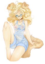 Rule 34 | 1girl, animal ears, arm support, bad id, bad tumblr id, bare shoulders, barefoot, big hair, blonde hair, blue eyes, breasts, dog ears, glasses, leg lift, lips, long hair, nipples, original, see-through, sitting, slugbox, smile, solo, tail, wavy hair, wet, wet clothes, white background