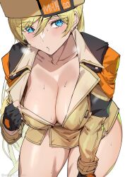Rule 34 | 1girl, ashiomi masato, bare legs, blonde hair, blue eyes, blush, breasts, brown coat, cleavage, clothes pull, coat, collarbone, covered erect nipples, fingerless gloves, fur hat, gloves, guilty gear, guilty gear strive, hair between eyes, hat, large breasts, leaning forward, long hair, long sleeves, looking at viewer, millia rage, no bra, no legwear, no shirt, pulling own clothes, simple background, solo, sweat, sweatdrop, thick thighs, thighs, underwear, ushanka, white background