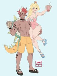 Rule 34 | 1boy, 1girl, armlet, bare arms, bare shoulders, black footwear, blonde hair, blue background, blue eyes, blue footwear, blush, body markings, bowser, braid, breasts, bubble tea, claws, cleavage, collar, crown, cup, dragon tail, earrings, fingernails, full body, grin, hair between eyes, hair over shoulder, highres, holding, holding cup, horns, jewelry, kamii momoru, long hair, mario (series), medium breasts, mini crown, muscular, muscular male, nintendo, one-piece swimsuit, pale skin, parted lips, personification, pink one-piece swimsuit, pointy ears, princess peach, red eyes, red hair, sandals, scales, sharp fingernails, shell, shorts, sidelocks, smile, spiked armlet, spiked collar, spikes, swimsuit, tail, tan, teeth, thick eyebrows, thighs, topless male, wedge heels, yellow shorts