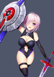 Rule 34 | 1girl, :d, arm at side, bare shoulders, black background, black gloves, black leotard, black thighhighs, blush, breasts, cleavage, cleavage cutout, clothing cutout, collar, elbow gloves, eyelashes, fate/grand order, fate (series), full body, gloves, groin, hair between eyes, hair over one eye, highres, holding, holding sword, holding weapon, large breasts, leotard, looking at viewer, mash kyrielight, navel, navel cutout, open mouth, pink hair, purple eyes, purple gloves, shield, shiny skin, short hair, simple background, skindentation, smile, solo, standing, sword, tareme, thigh strap, thighhighs, transformers, weapon, yu-ta