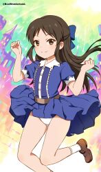Rule 34 | 1girl, belt, blue bow, blue dress, bow, box wonderland, brown belt, brown eyes, brown footwear, brown hair, buttons, castle, clenched hands, clothes lift, collar, commentary, dot nose, dress, dress lift, flat chest, hair bow, hands up, highres, idolmaster, idolmaster cinderella girls, idolmaster cinderella girls u149, jumping, legs, long hair, looking at viewer, panties, pantyshot, puffy short sleeves, puffy sleeves, shoes, short sleeves, sidelocks, smile, socks, solo, sparkle, star (symbol), tachibana arisu, thighs, underwear, white collar, white panties, white socks