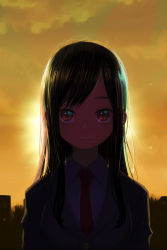Rule 34 | 1girl, backlighting, black hair, closed mouth, cloud, cloudy sky, female focus, formal, jacket, long hair, looking at viewer, necktie, original, outdoors, red eyes, sky, solo, suit jacket, sunset, upper body, yoshida on