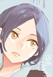 Rule 34 | 1girl, blue background, blue hair, closed mouth, collar, hayami kanade, head tilt, idolmaster, idolmaster cinderella girls, lips, looking to the side, lowres, parted bangs, peg, short hair, solo, white collar, yellow eyes