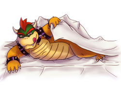Rule 34 | 1boy, barefoot, bed, bowser, claws, furry, furry male, horns, koopa, male focus, mario (series), matching hair/eyes, naughty face, nintendo, red eyes, red hair, solo, super mario bros. 1, toes, tongue