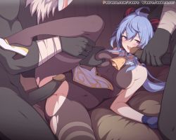 Rule 34 | 1girl, 2boys, ahoge, animated, animated gif, bell, blue gloves, blue hair, blush, grabbing another&#039;s breast, breasts, breasts apart, brown leotard, brown pantyhose, covered erect nipples, frottage, ganyu (genshin impact), genshin impact, gloves, grabbing, hair between eyes, hetero, hilichurl (genshin impact), leg up, leotard, long hair, looking at penis, lying, male masturbation, masturbation, medium breasts, multiple boys, neck bell, on back, open mouth, pantyhose, penis, purple eyes, shoe dangle, shoes, thigh grab, torn clothes, torn pantyhose, uncensored, waero, white footwear