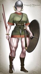 Rule 34 | 1girl, blonde hair, blue eyes, boots, breasts, english text, helmet, highres, holding, holding polearm, holding weapon, javelin (spear), knife, large breasts, marinerx, medium hair, muscular, muscular female, no pants, original, polearm, shield, solo, spear, sword, tall female, thick thighs, thighs, tight clothes, tunic, visigoth, weapon