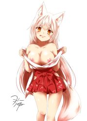 Rule 34 | 1girl, animal ear fluff, animal ears, bare legs, blush, breasts, breasts out, commentary request, fox ears, fox girl, fox tail, hair between eyes, highres, japanese clothes, kimono, kohaku (yua), large breasts, long hair, looking at viewer, nipples, no bra, original, red skirt, signature, simple background, skirt, solo, tail, thick eyebrows, tongue, tongue out, white background, white hair, white kimono, yua (checkmate)