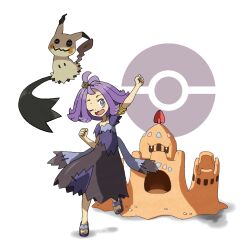 Rule 34 | 1girl, ;d, acerola (pokemon), arm up, armlet, clenched hands, commentary request, creatures (company), dress, eyelashes, flip-flops, flipped hair, game freak, gen 7 pokemon, grey eyes, hair ornament, hairclip, highres, leg up, medium hair, mimikyu, multicolored clothes, multicolored dress, nintendo, one eye closed, open mouth, palossand, poke ball symbol, pokemon, pokemon (creature), pokemon sm, purple hair, sandals, short sleeves, smile, stitches, tellzeta, topknot, torn clothes, torn dress, white background