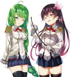 Rule 34 | 2girls, ahoge, ascot, black hair, black legwear, black skirt, blue eyes, braid, buttons, commentary request, cosplay, cowboy shot, double-breasted, epaulettes, frilled sleeves, frills, gloves, green hair, hair ornament, jacket, kantai collection, kashima (kancolle), kashima (kancolle) (cosplay), kerchief, kisaragi (kancolle), long hair, long sleeves, looking at viewer, military, military jacket, military uniform, miniskirt, mole, mole under mouth, multiple girls, neckerchief, one eye closed, pleated skirt, pooor, red eyes, red neckwear, riding crop, simple background, single braid, skirt, thighhighs, uniform, very long hair, wavy hair, white background, white gloves, yuugumo (kancolle)