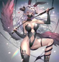 Rule 34 | 1girl, absurdres, animal ear fluff, animal ears, asymmetrical legwear, black leotard, breasts, cleavage, clothing cutout, demon horns, demon tail, detached collar, ear piercing, earrings, extra ears, fake animal ears, fishnet thighhighs, fishnets, grey hair, heart, heterochromia, highleg, highleg leotard, highres, hitowa, holding, holding riding crop, holding whip, horns, jewelry, large breasts, leotard, long hair, mask, midriff, mismatched legwear, mouth mask, navel, original, piercing, pointy ears, rabbit ears, red eyes, riding crop, smile, solo, spoken heart, stomach cutout, strapless, strapless leotard, tail, tail around own leg, thighhighs, thighs, very long hair, wings, yellow eyes
