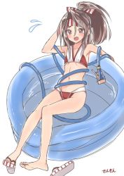 Rule 34 | 10s, 1girl, adapted costume, artist name, bikini, blush, brown eyes, brown hair, flat chest, hair ribbon, headband, hose, kantai collection, navel, open mouth, ponytail, ribbon, sandals, sensen, simple background, solo, swimsuit, tears, wading pool, white background, zuihou (kancolle)