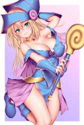 Rule 34 | 1girl, arm behind head, arm up, ayuteisyoku, belt, blonde hair, blue dress, blue footwear, blue hat, blush, boots, border, bracer, breasts, cleavage, commentary request, covered erect nipples, dark magician girl, dress, gradient background, green eyes, groin, hat, holding, holding staff, knee boots, large breasts, leg up, long hair, looking at viewer, off-shoulder dress, off shoulder, outside border, parted lips, purple background, showgirl skirt, smile, solo, staff, standing, standing on one leg, very long hair, white border, wizard hat, yu-gi-oh!