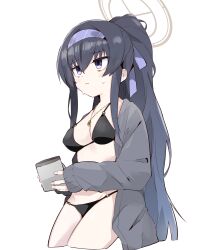Rule 34 | 1girl, absurdres, bikini, black bikini, black hair, blue archive, blue eyes, blue hair, blue hairband, breasts, cleavage, closed mouth, commentary request, cropped legs, cup, gradient hair, grey jacket, hairband, halo, highres, holding, holding cup, jacket, long hair, long sleeves, medium breasts, mug, multicolored hair, ooyama imo, open clothes, open jacket, ponytail, simple background, sleeves past wrists, solo, sweat, swimsuit, ui (blue archive), ui (swimsuit) (blue archive), very long hair, white background