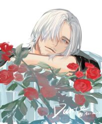 Rule 34 | 1boy, ana75739825, bishounen, blue eyes, dante (devil may cry), devil may cry (series), devil may cry 5, facial hair, flower, highres, long hair, looking at viewer, male focus, red flower, red rose, rose, simple background, smile, solo, white hair