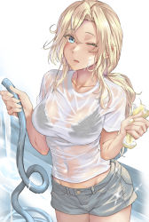Rule 34 | 1girl, blonde hair, blue eyes, blush, collarbone, highres, holding, holding hose, hornet (kancolle), hose, kantai collection, kokuzou, long hair, one eye closed, open mouth, see-through, shirt, solo, wet, wet clothes, wet shirt, white shirt