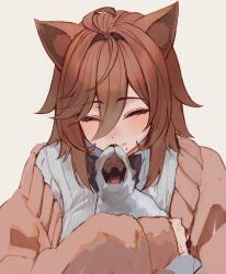 Rule 34 | 1girl, absurdres, ahoge, animal, animal ears, blush, brown hair, cat, cat ears, cat girl, closed eyes, closed mouth, commentary, grey sweater, hair between eyes, highres, holding, holding animal, holding cat, jacket, long sleeves, medium hair, mole, mole under mouth, naokomama, original, ribbed sweater, simple background, smile, solo, sweater, white background