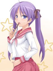 Rule 34 | 00s, 1girl, :o, ahoge, amane hasuhito, bad id, bad pixiv id, blue eyes, blush, eating, embarrassed, flat chest, food, gradient background, hair ribbon, hand on own hip, highres, hiiragi kagami, long hair, looking back, lucky star, necktie, open mouth, parted bangs, pink necktie, pleated skirt, pocky, purple hair, ribbon, school uniform, serafuku, skirt, solo, star (symbol), sweatdrop, tsurime, twintails, very long hair