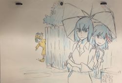 Rule 34 | 10s, 3girls, absurdres, animal, animal on head, boots, breasts, casual, cleavage, colored pencil (medium), eyebrows, fence, guts (kill la kill), hand on another&#039;s shoulder, highres, holding, holding umbrella, hood, hood up, jacket, kill la kill, kiryuuin satsuki, looking at viewer, low neckline, mankanshoku mako, matoi ryuuko, multiple girls, on head, photo (medium), puddle, puffy sleeves, raincoat, rubber boots, short hair, siblings, simple background, sisters, sketch, skirt, smile, splashing, sushio, sweater, thick eyebrows, traditional media, tree, umbrella, wooden fence