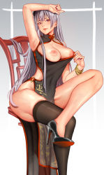 Rule 34 | 1girl, absurdres, arm up, black footwear, black hair, breasts, breasts out, chair, china dress, chinese clothes, cleavage, covered navel, dress, high heels, highres, inverted nipples, long hair, louboutins, mole, mole on breast, nipples, ono itaru, original, pumps, purple eyes, purple hair, shoes, single thighhigh, sitting, sleeveless, sleeveless dress, stiletto heels, thighhighs, very long hair