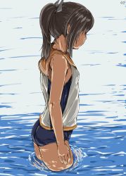 Rule 34 | 10s, 1girl, 4shi, arms at sides, ass, blouse, breasts, brown hair, caustics, cowboy shot, from side, highres, i-401 (kancolle), kantai collection, one-piece swimsuit, partially submerged, ponytail, sailor collar, school swimsuit, school uniform, shaded face, shirt, sidelocks, sleeveless, sleeveless shirt, small breasts, solo, swimsuit, swimsuit under clothes, wading
