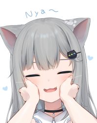 Rule 34 | 1girl, amashiro natsuki, animal ears, cat ears, closed eyes, collared shirt, commentary request, eyebrows hidden by hair, facing viewer, fangs, grey hair, hair ornament, hairclip, heart, long hair, nachoneko, nyan, open mouth, original, portrait, romaji text, shirt, simple background, solo focus, virtual youtuber, whiskers, white background, white shirt