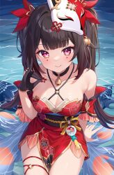 Rule 34 | 1girl, bare shoulders, bell, breasts, brown hair, choker, cleavage, collarbone, detached sleeves, dress, fox mask, fox shadow puppet, gold trim, hair ornament, highres, hitsukuya, honkai: star rail, honkai (series), jingle bell, large breasts, long hair, looking at viewer, mask, mask on head, neck bell, obi, pelvic curtain, pink eyes, red dress, sash, short dress, sitting, smile, solo, sparkle (honkai: star rail), thighs, twintails, water