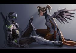 Rule 34 | 1boy, 1girl, armor, black gloves, blonde hair, blue eyes, bodysuit, breasts, commentary, cyborg, damaged, faulds, feathers, from side, genji (overwatch), gloves, hage2013, hair ornament, hair tie, halo, headband, helmet, high ponytail, katana, kneeling, letterboxed, light rays, loincloth, long hair, mask, mechanical halo, mechanical wings, medium breasts, mercy (overwatch), on floor, on one knee, overwatch, overwatch 1, pelvic curtain, power armor, scabbard, sheath, sheathed, sitting, skin tight, sword, veil, weapon, weapon on back, wind, wings