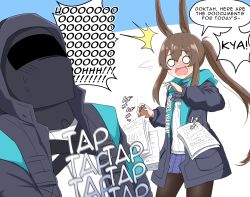 Rule 34 | 1girl, 1other, ^^^, alph (sancheck), amiya (arknights), animal ears, arknights, black jacket, blue background, blue skirt, blush, brown hair, brown pantyhose, commentary, doctor (arknights), english commentary, english text, hair between eyes, highres, hood, hood down, hood up, hooded jacket, jacket, jewelry, long hair, long sleeves, nose blush, o o, open clothes, open jacket, open mouth, pantyhose, pleated skirt, ponytail, rabbit ears, ring, sexually suggestive, shirt, sidelocks, skirt, sweat, two-tone background, very long hair, wavy mouth, white background, white shirt
