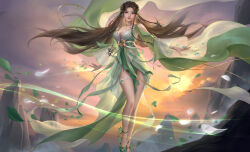 Rule 34 | 1girl, absurdres, baiguio (zhu xian), bare shoulders, bracelet, breasts, brown hair, clothing cutout, cloud, dress, facial mark, falling leaves, floating, forehead mark, green dress, green footwear, highres, jewelry, leaf, long hair, long sleeves, medium breasts, mountain, sash, second-party source, shoulder cutout, si you xunfeng fuyi, smile, solo, thigh strap, wind, zhu xian