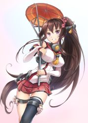 Rule 34 | 10s, 1girl, blush, breasts, brown eyes, brown hair, detached sleeves, flower, hair flower, hair ornament, kantai collection, large breasts, long hair, looking at viewer, manmaru tamago, miniskirt, oil-paper umbrella, pleated skirt, ponytail, single thighhigh, skirt, smile, solo, thigh strap, thighhighs, umbrella, very long hair, yamato (kancolle)