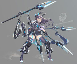 Rule 34 | 1girl, ayaki, black hair, black skirt, dual wielding, ear piercing, extra arms, floating hair, grey background, high heels, highres, holding, holding lance, holding polearm, holding weapon, lance, mecha musume, mechanical arms, open mouth, original, piercing, polearm, sailor collar, science fiction, skirt, solo, thighhighs, v-shaped eyebrows, weapon