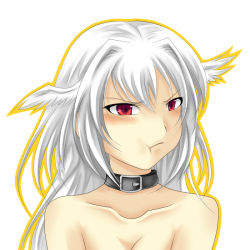 Rule 34 | 1girl, bare shoulders, blush, choker, female focus, final fantasy, final fantasy tactics, hal (haruna), head wings, long hair, red eyes, silver hair, solo, ultima (fft), white background, wings