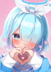 Rule 34 | 1girl, arona (blue archive), blue archive, blue eyes, blue hair, blunt bangs, blush, bow, collarbone, hair bow, hair over one eye, halo, head tilt, heart, heart-shaped pupils, heart hands, highres, looking at viewer, namekuji (namekuzu), one eye covered, pink background, portrait, school uniform, short hair, simple background, solo, symbol-shaped pupils