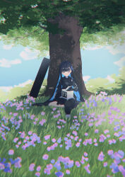 Rule 34 | 1girl, 1other, absurdres, against tree, black dress, black hair, blue bow, blue hair, blue sky, bow, cloud, colored inner hair, dress, flower, grass, hair bow, highres, instrument case, mechanical arms, mechanical legs, multicolored hair, non-humanoid robot, punishing: gray raven, purple eyes, puyuyan, robot, selena: tempest (punishing: gray raven), selena (punishing: gray raven), sidelocks, single mechanical arm, single mechanical leg, sky, sleeping, tree, zzz