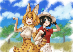 Rule 34 | 10s, 2girls, animal ears, blue eyes, blush, bow, bowtie, breasts, brown eyes, bucket hat, elbow gloves, feathers, gloves, hat, kaban (kemono friends), kemono friends, large breasts, looking at viewer, multicolored bowtie, multicolored clothes, multicolored gloves, multiple girls, open mouth, orange bow, orange bowtie, orange gloves, orange hair, red shirt, serval (kemono friends), serval tail, shirt, short hair, smile, tail, teeth, white bow, white bowtie, white gloves, yosegi kyoumayu