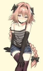 Rule 34 | 1boy, astolfo (fate), bare shoulders, black bow, black gloves, black neckwear, black thighhighs, blush, bow, braid, camisole, child, closed mouth, collarbone, denim, denim shorts, elbow gloves, fang, fate/grand order, fate (series), gloves, hair bow, hair intakes, half-closed eyes, hand on own knee, heart, heart-shaped pupils, highres, leg up, long hair, looking at viewer, male focus, multicolored hair, nose blush, pink eyes, pink hair, shorts, simple background, single braid, skin fang, sky-freedom, sleeveless, solo, strap slip, streaked hair, striped, symbol-shaped pupils, thighhighs, trap, very long hair, white hair, yellow background