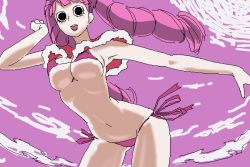Rule 34 | 1girl, artist request, bikini, bikini under clothes, black eyes, breasts, capelet, cleavage, curvy, drill hair, floating hair, large breasts, long hair, looking at viewer, navel, one piece, open mouth, perona, pink background, pink bikini, shiny skin, side-tie bikini bottom, simple background, sky, solo, swimsuit, tattoo, thong, thong bikini, very long hair, wide hips