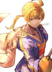 Rule 34 | 1boy, ahoge, blonde hair, brown cape, cape, final fantasy, final fantasy tactics, highres, holding, holding sword, holding weapon, looking at viewer, miyama (lacrima01), nose, ponytail, ramza beoulve, signature, solo, sword, upper body, weapon, white background, yellow eyes