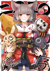 Rule 34 | 1girl, 2020, :3, animal, animal around neck, animal ears, animal print, belt, blunt bangs, blush, breasts, cheese, commentary request, cowboy shot, daruma doll, denim, denim shorts, facepaint, fake animal ears, fish print, floral background, floral print, food, grey hair, highres, holding, holding animal, japanese clothes, kimono, large breasts, long sleeves, looking at viewer, looking up, mole, mole under eye, monster girl, mouse ears, mouse girl, mouse tail, new year, obi, original, plan (planhaplalan), red background, red eyes, red kimono, sash, short eyebrows, short shorts, shorts, sidelocks, sleeping, solo focus, swiss cheese, tail, translation request, wide sleeves, zipper, zzz