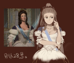 Rule 34 | 1girl, 3d, blue eyes, breasts, brown hair, catherine the great, civilization, civilization (series), civilization v, cleavage, commentary request, crown, dress, gown, kakkou (su), long hair, medium breasts, reference work, ringlets, smile, translated