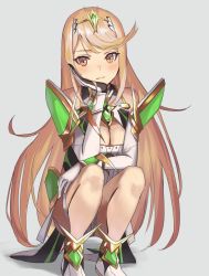 Rule 34 | 1girl, armor, blonde hair, blush, breasts, cleavage, dress, gloves, grey background, long hair, looking at viewer, maachi (fsam4547), mythra (xenoblade), nintendo, simple background, smile, solo, white background, xenoblade chronicles (series), xenoblade chronicles 2, yellow eyes