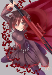 Rule 34 | breasts, cape, highres, hood, lolita fashion, petals, rose petals, ruby rose, rwby, short hair, grey eyes, thighhighs, weapon