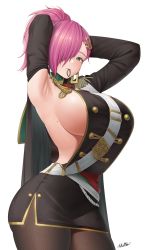 Rule 34 | 1girl, absurdres, aiguillette, armpits, arms behind head, arms up, ass, azur lane, black cape, black jacket, black pantyhose, black skirt, breasts, buttons, cape, commentary, cowboy shot, double-breasted, epaulettes, green eyes, hair between eyes, hair ornament, hair over one eye, hair tie, hairclip, highres, jacket, large breasts, long hair, long sleeves, looking at viewer, military, military uniform, miniskirt, mole, mole on breast, mole under eye, mouth hold, neckerchief, pantyhose, pencil skirt, pink hair, ponytail, presenting armpit, red neckerchief, sideboob, sidelocks, signature, simple background, skirt, solo, standing, trieste (azur lane), tying hair, uniform, white background, whitter