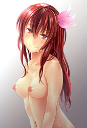 Rule 34 | 10s, 1girl, blush, breasts, brown hair, collarbone, gradient background, hair ornament, happy, highres, kantai collection, kisaragi (kancolle), long hair, looking at viewer, medium breasts, navel, nipples, nude, red eyes, smile, solo, takamichis211, upper body