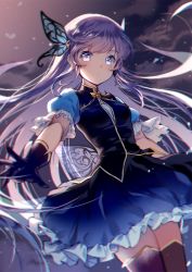 Rule 34 | 1girl, blue skirt, blurry, blush, breasts, closed mouth, cowboy shot, depth of field, floating hair, frills, gradient skirt, hair ornament, long hair, looking at viewer, mechuragi, night, original, outdoors, outstretched arm, puffy short sleeves, puffy sleeves, purple eyes, purple hair, short sleeves, skirt, small breasts, solo, very long hair, vest