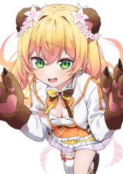 Rule 34 | 1girl, animal ears, animal hands, bear ears, black footwear, blonde hair, blush, bow, bowtie, breasts, brown bow, cleavage, cleavage cutout, clothing cutout, commentary, cowboy shot, dress, fake animal ears, fang, flower, frilled dress, frills, gloves, gradient hair, green eyes, hair between eyes, hair flower, hair ornament, hololive, jacket, long hair, looking at viewer, medium breasts, momosuzu nene, multicolored bow, multicolored hair, multicolored neckwear, open mouth, orange bow, orange dress, paw gloves, pink hair, shoes, simple background, single thighhigh, smile, solo, syhan, thighhighs, thighs, two-tone hair, virtual youtuber, white background, white jacket, white thighhighs, yellow bow